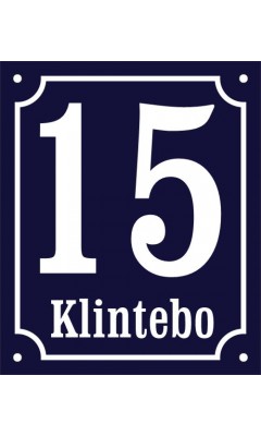 Nummer- och namnskylt "15 Klintebo" emalj blå/vit 15x18cm