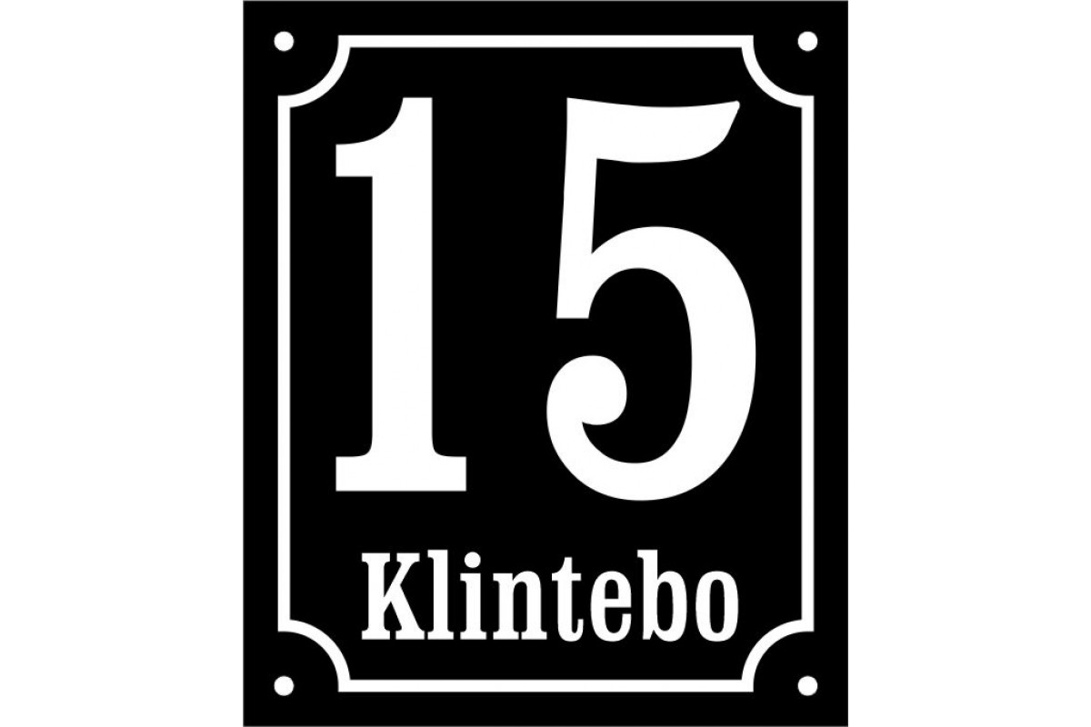 Nummer- och namnskylt "15 Klintebo" emalj svart/vit 15x18cm M97 (special) Nummer- och namnskylt "15 Klintebo" emalj svart/vit 15x18cm M97 (special)