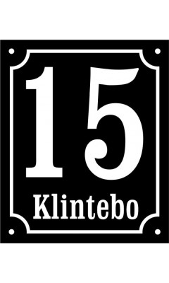 Nummer- och namnskylt "15 Klintebo" emalj svart/vit 15x18cm M97 (special) Nummer- och namnskylt "15 Klintebo" emalj svart/vit 15x18cm M97 (special)